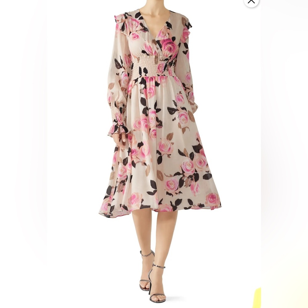 Pinko blooms smocked dress in pink roses ruffles flowy midi feminine Sz 2 - Picture 13 of 15